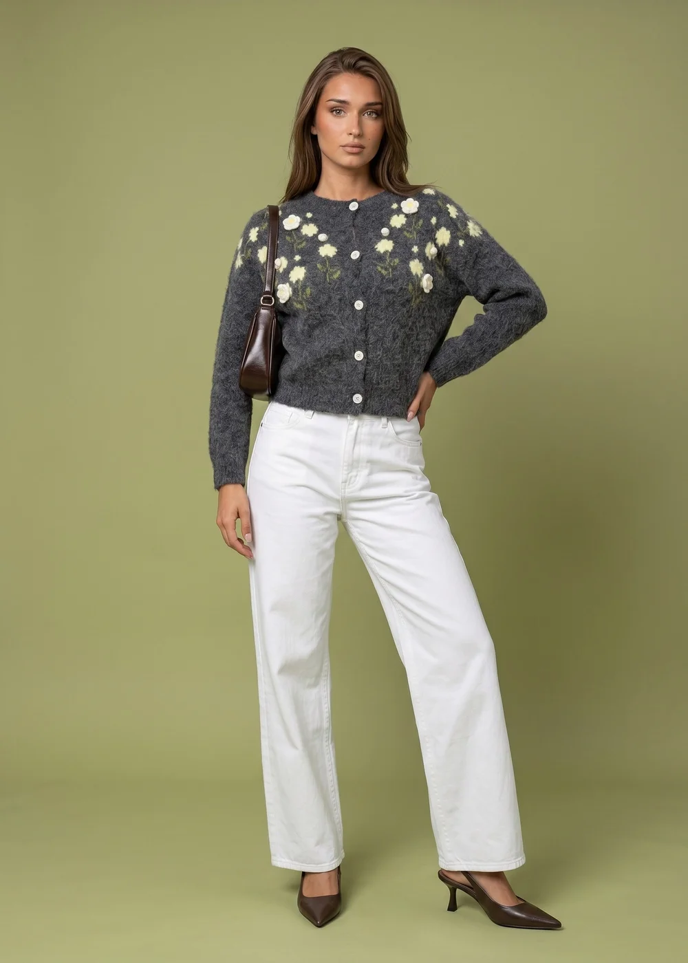 Urban Bliss Charcoal Wool Blend Flower Cardigan - M Image 1