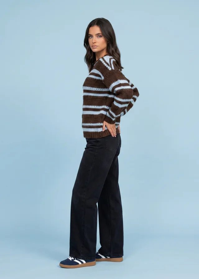 Urban Bliss Brown Textured Stripe Crew Neck Jumper
