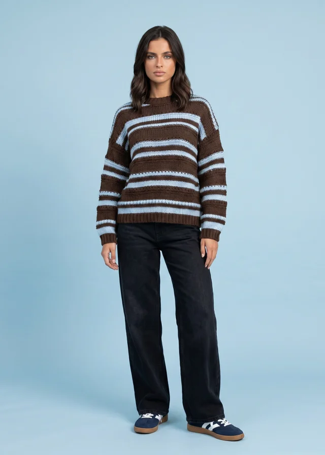 Urban Bliss Brown Textured Stripe Crew Neck Jumper