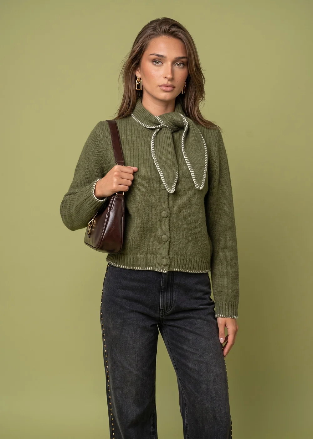 Urban Bliss Khaki Wool Blend Contrast Cardigan - M Image 1