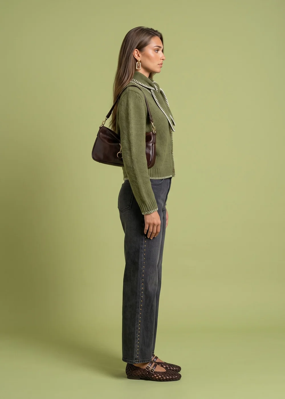 Urban Bliss Khaki Wool Blend Contrast Cardigan - M Image 2
