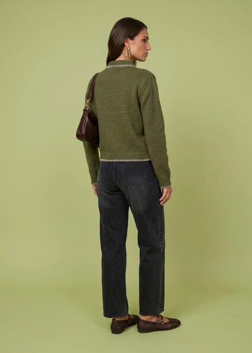 Urban Bliss Khaki Wool Blend Contrast Cardigan - M Image 3