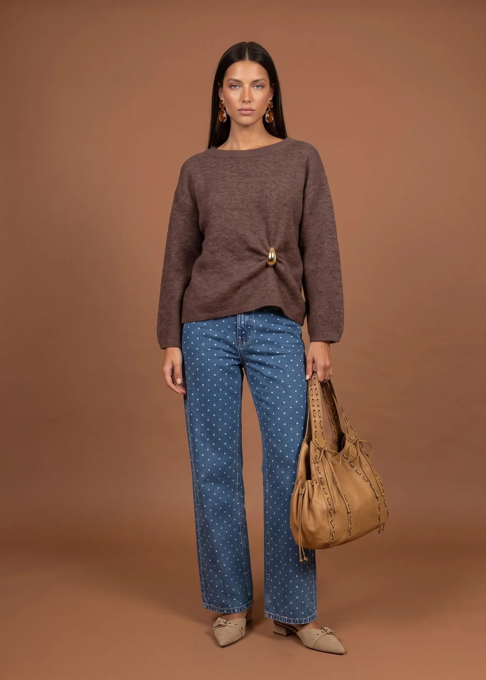 Urban Bliss Brown Wool Blend Gold Trim Jumper - M Image 1
