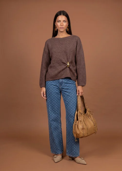 Urban Bliss Brown Wool Blend Gold Trim Jumper - M Image 1