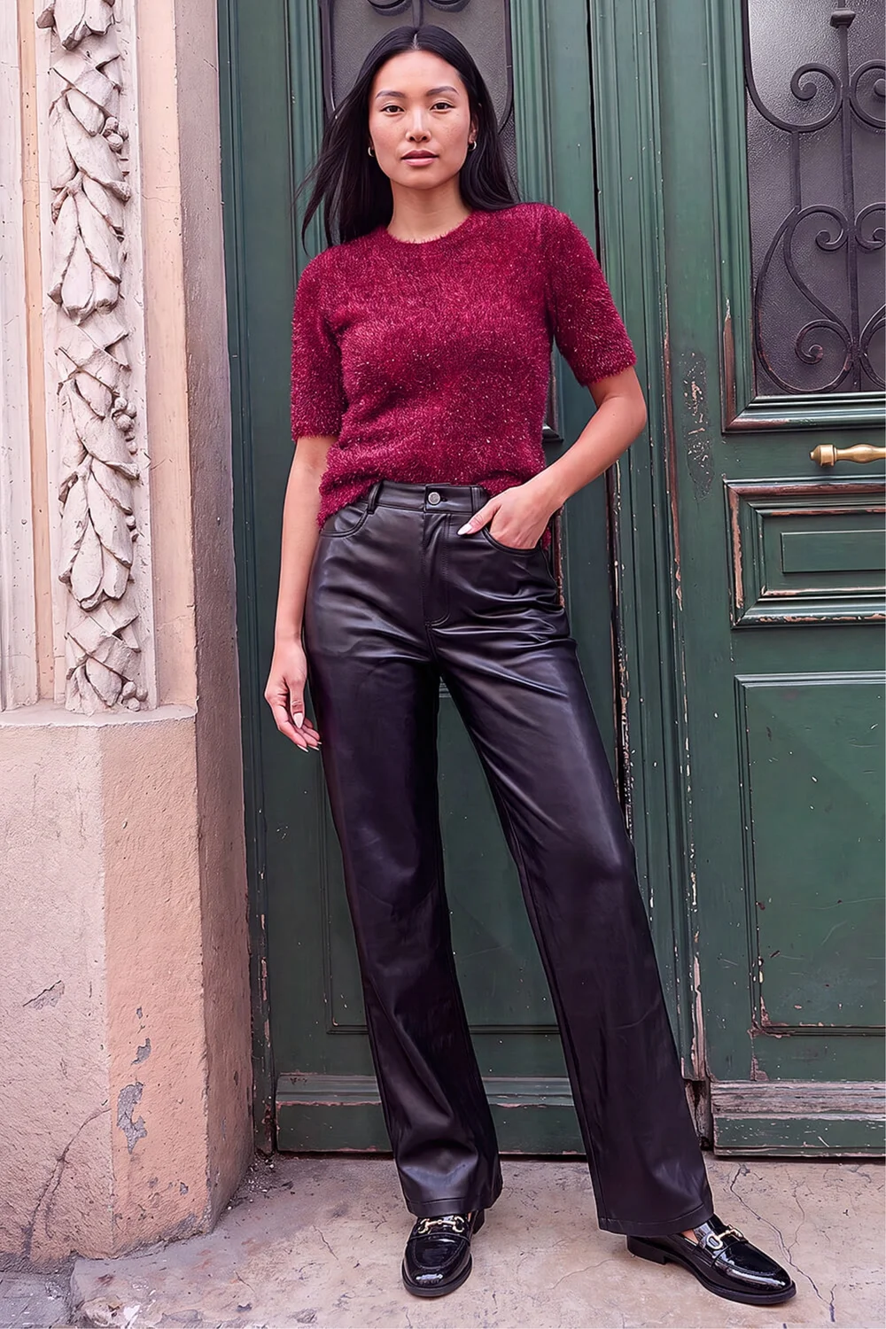 Roman Black Faux Leather Straight Leg Jean - 20 Image 2