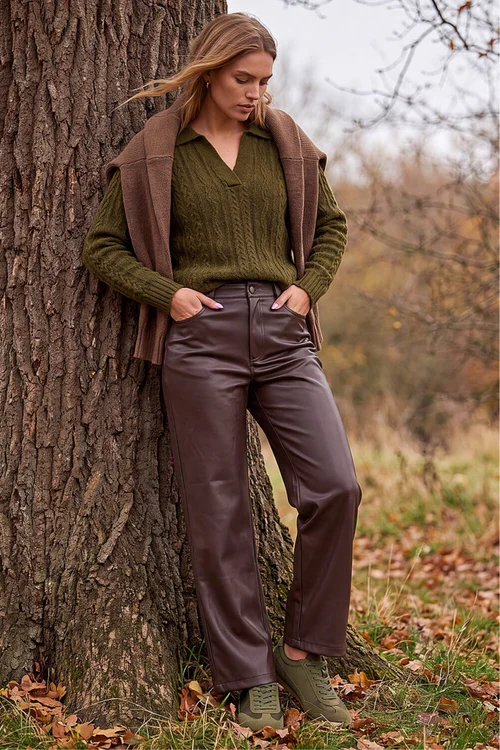 Roman Chocolate Faux Leather Straight Leg Jean - 14 Image 2