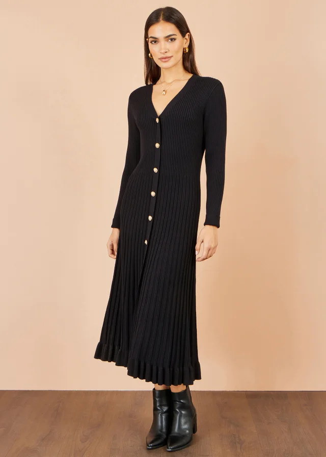 Yumi Black Viscose Knitted Midi Ribbed Dress