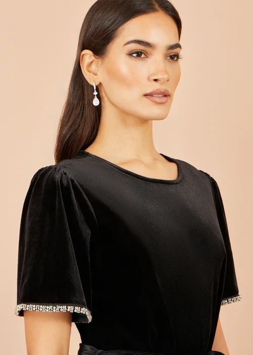 Yumi Black Velvet Midi Dress With Embellished Sleeve - 14 Image 4