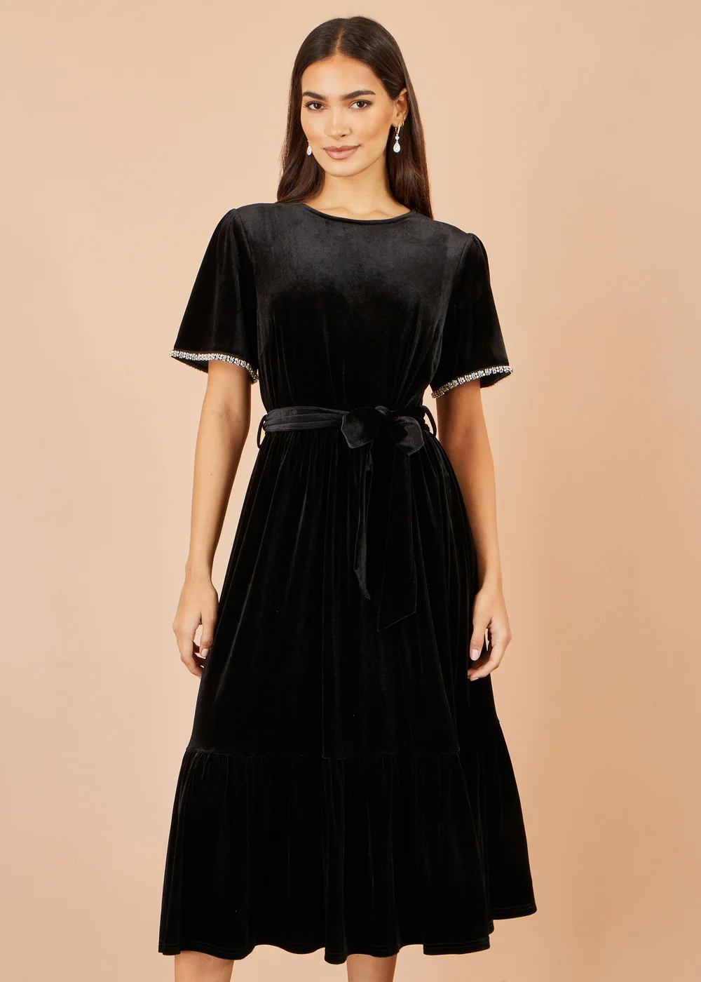 Yumi Black Velvet Midi Dress With Embellished Sleeve - 14 Image 1