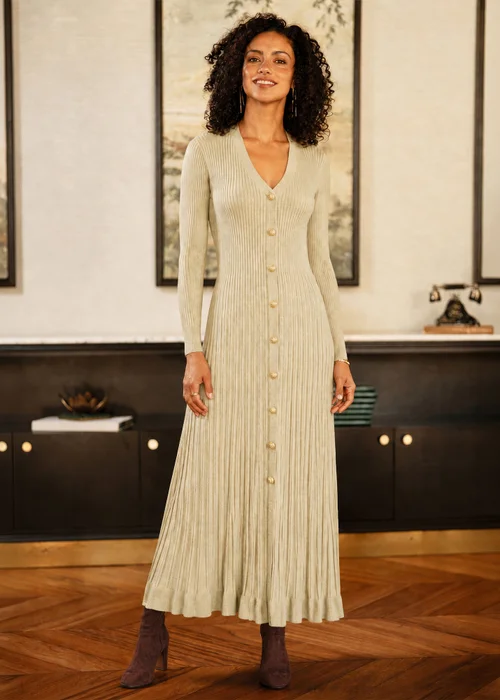Yumi Beige Viscose Knitted Midi Ribbed Dress - M Image 1