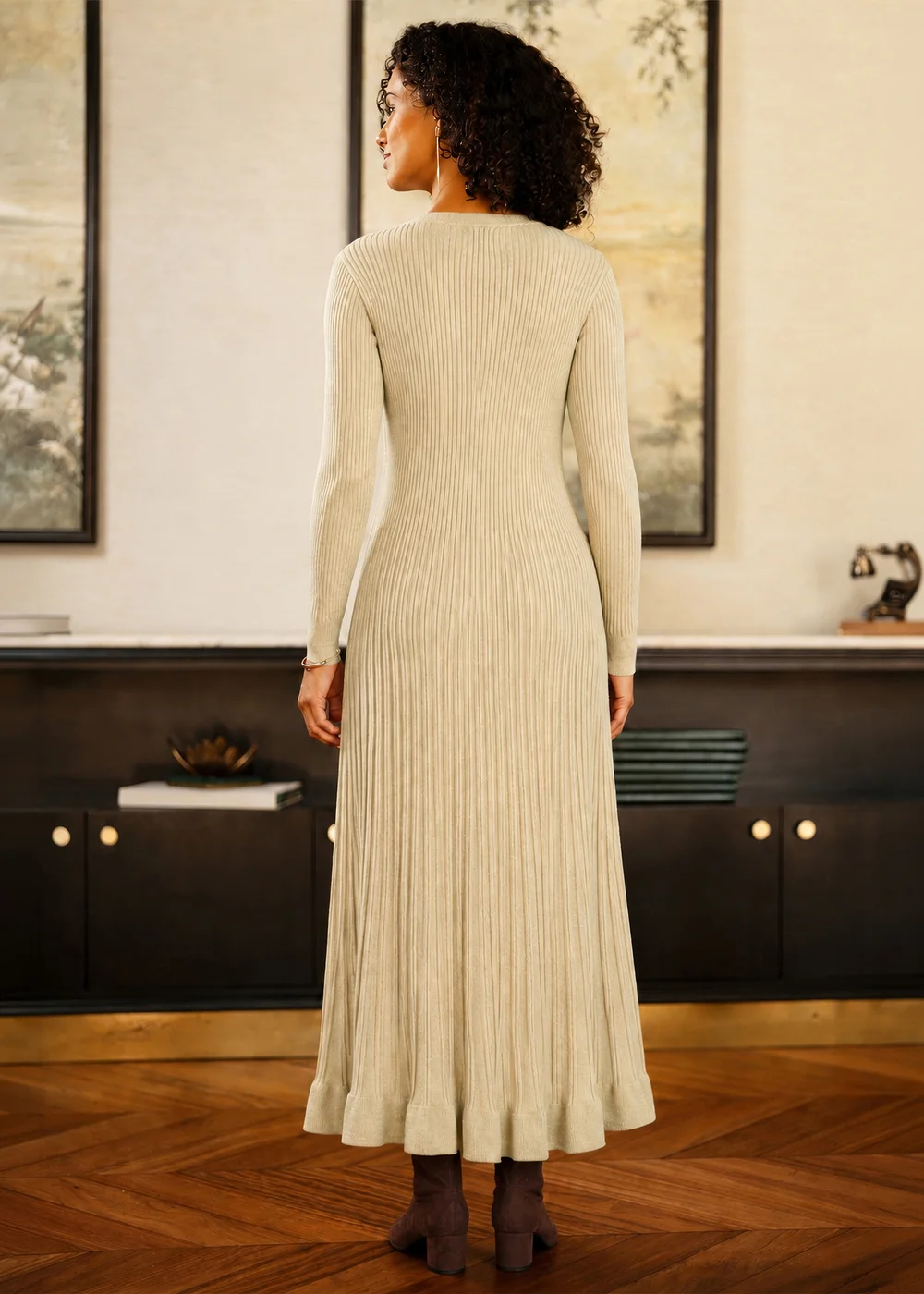 Yumi Beige Viscose Knitted Midi Ribbed Dress - M Image 2