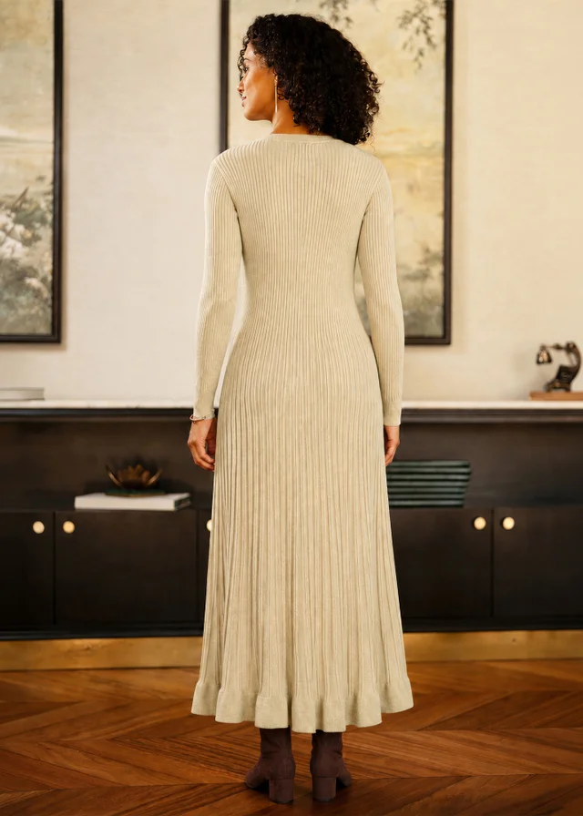 Yumi Beige Viscose Knitted Midi Ribbed Dress