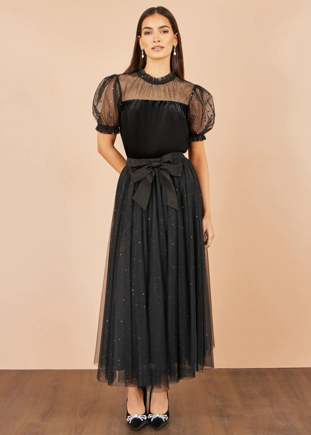Yumi Black Velvet Mesh Embellished Top - 16 Image 2