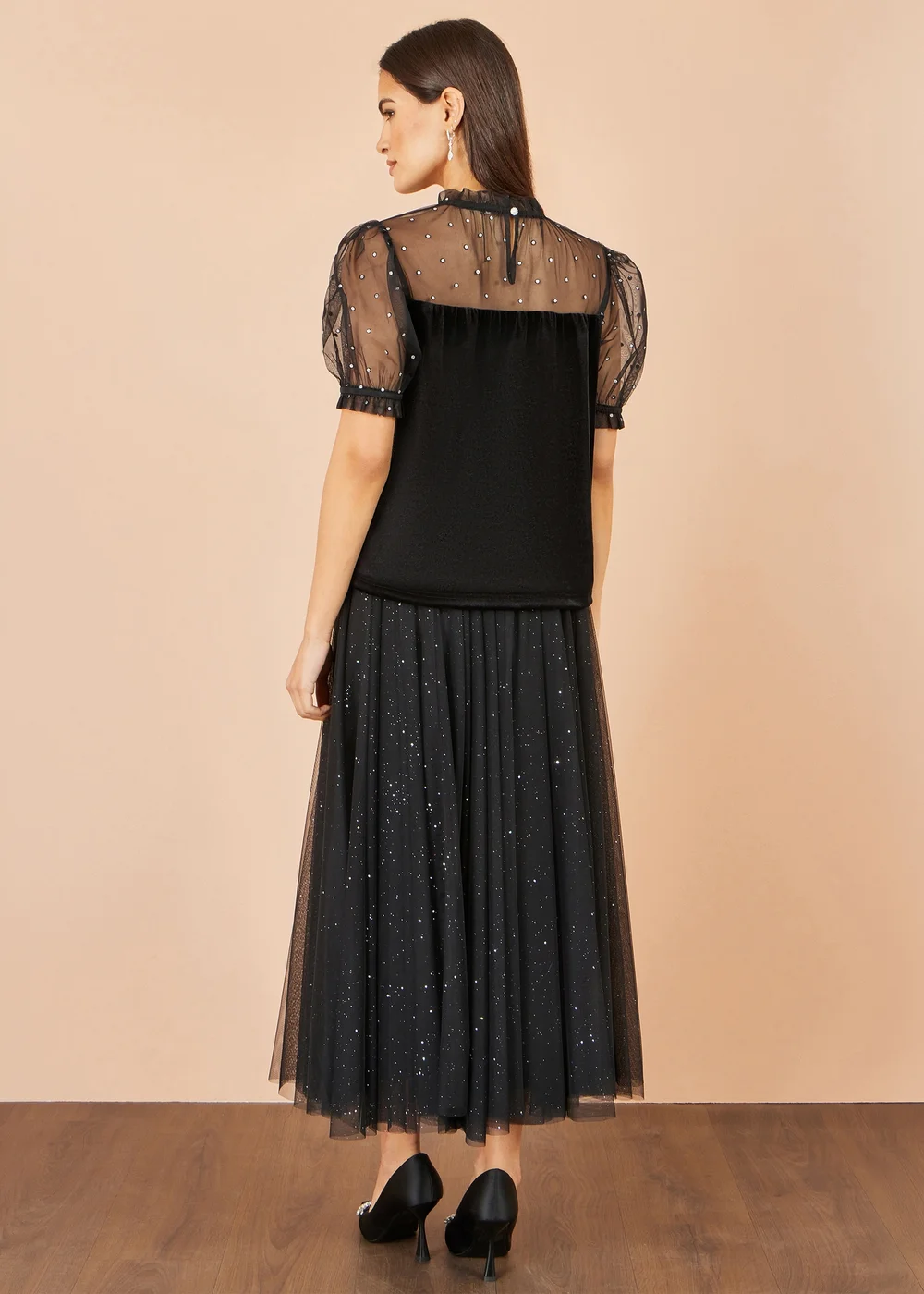 Yumi Black Velvet Mesh Embellished Top - 16 Image 3