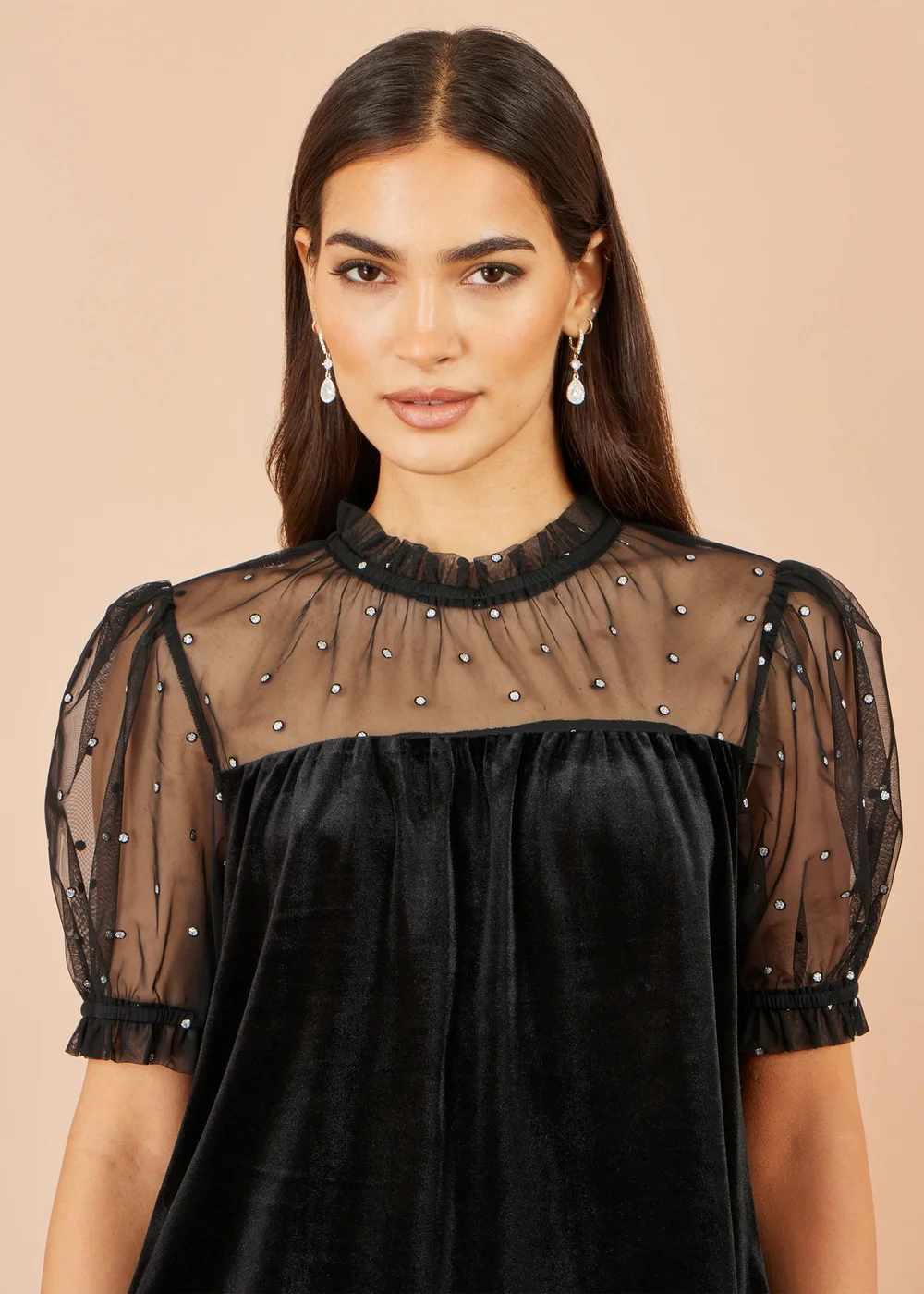 Yumi Black Velvet Mesh Embellished Top - 16 Image 4