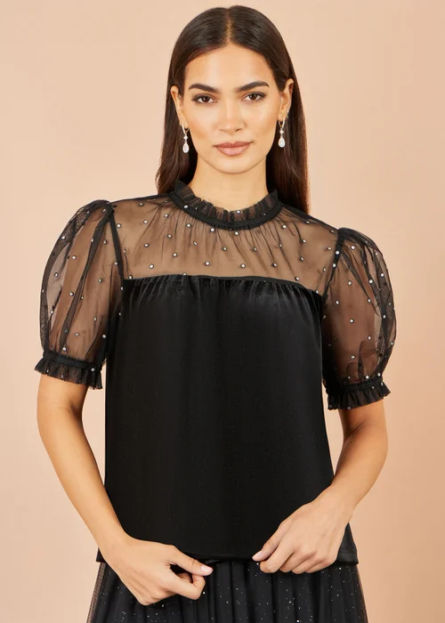 Yumi Black Velvet Mesh Embellished Top - 16 Image 1