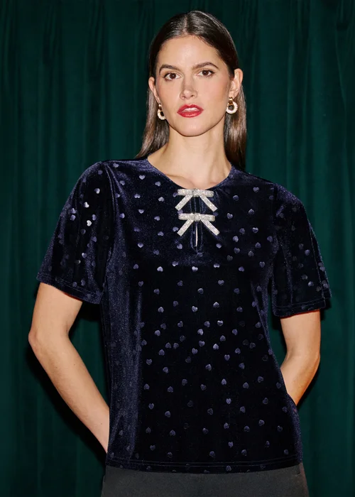 Yumi Navy Velvet Heart Top With Bow Detail - 20 Image 1