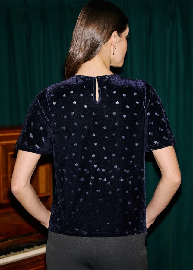 Yumi Navy Velvet Heart Top With Bow Detail