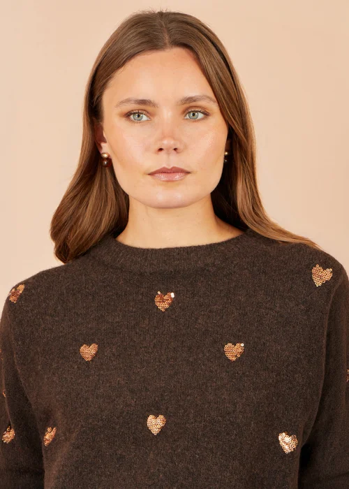 Yumi Brown Sequin Heart Relaxed Jumper - M/L Image 3