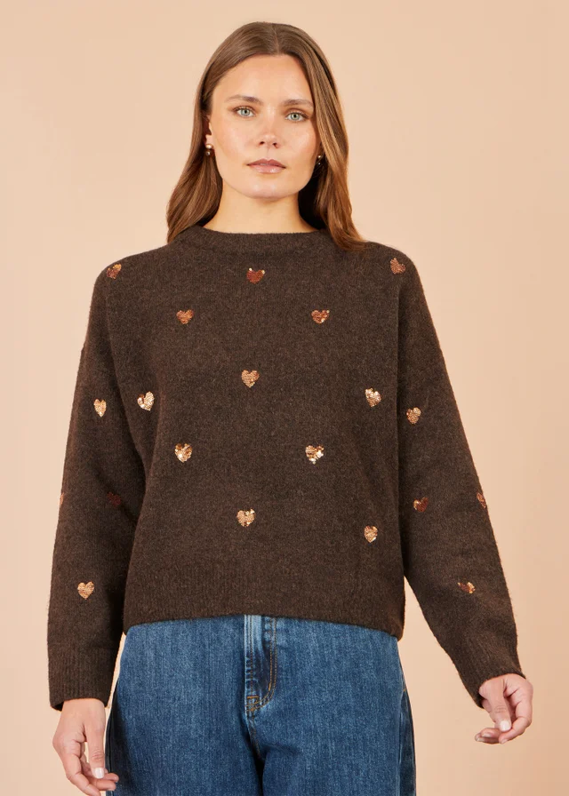 Yumi Brown Sequin Heart Relaxed Jumper