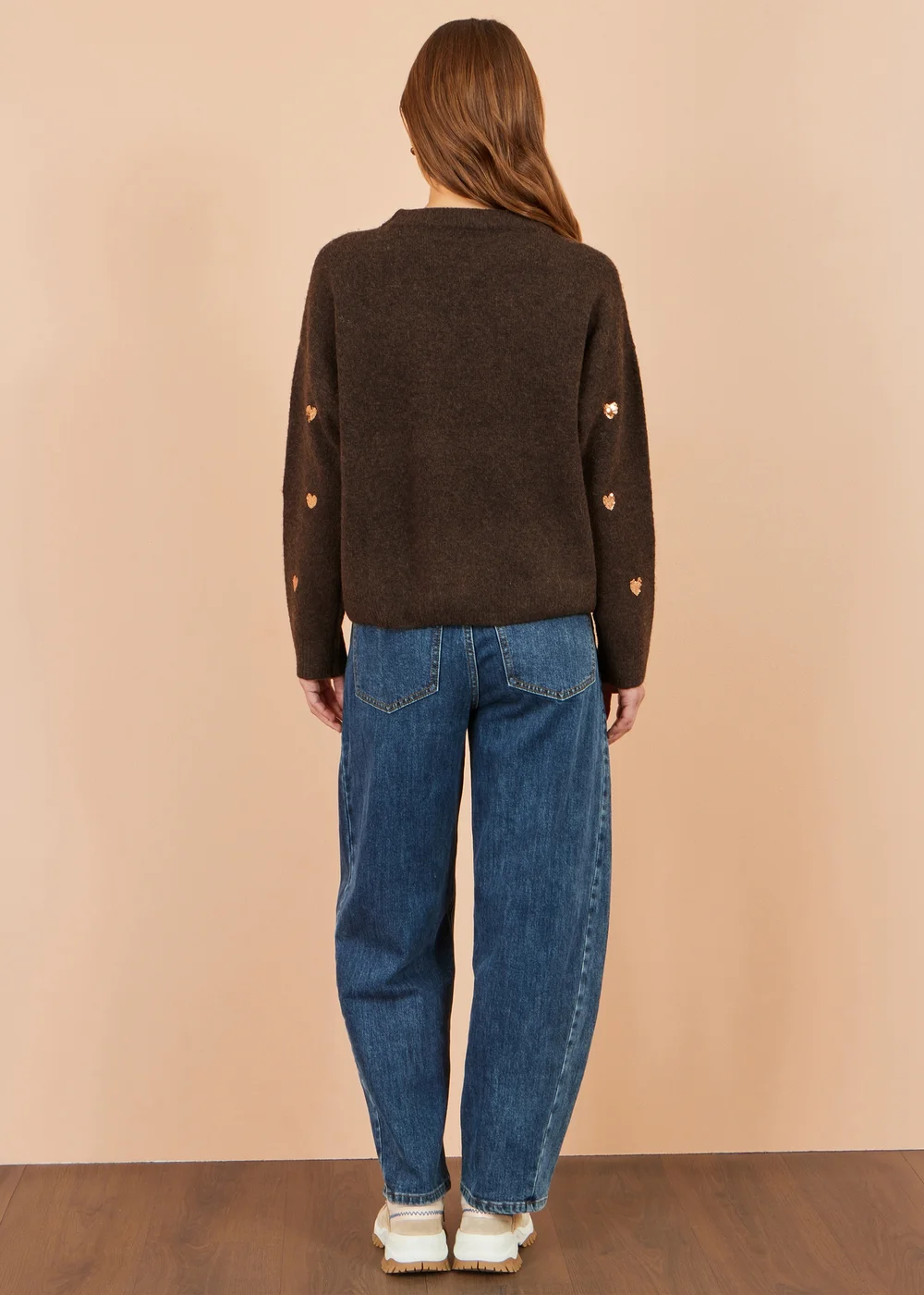Yumi Brown Sequin Heart Relaxed Jumper - M/L Image 2