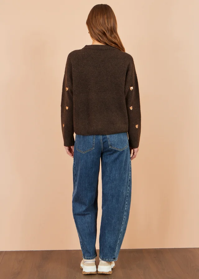 Yumi Brown Sequin Heart Relaxed Jumper