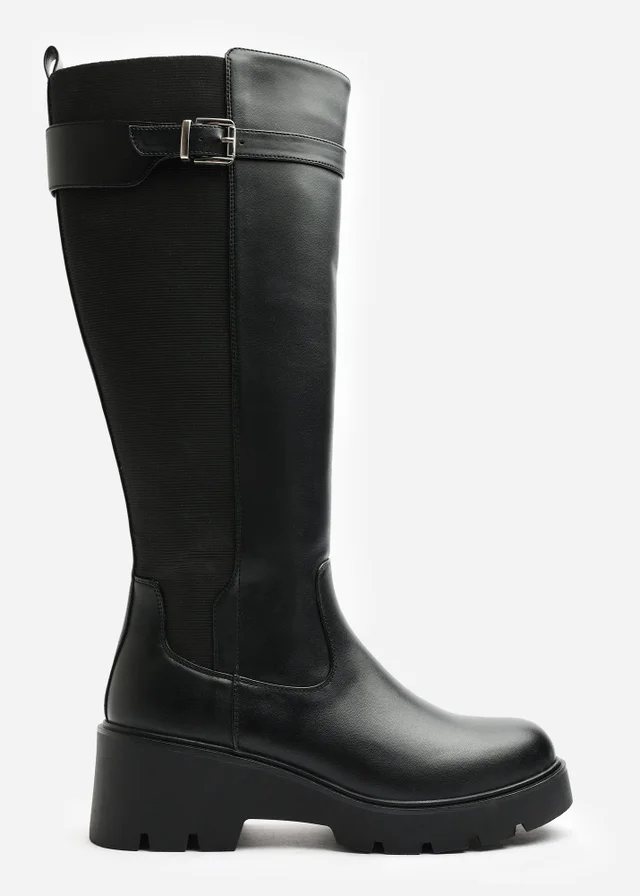 Where's That From Erelia Black Wide Fit Stretch Panel Buckle Detail Wedge Boots