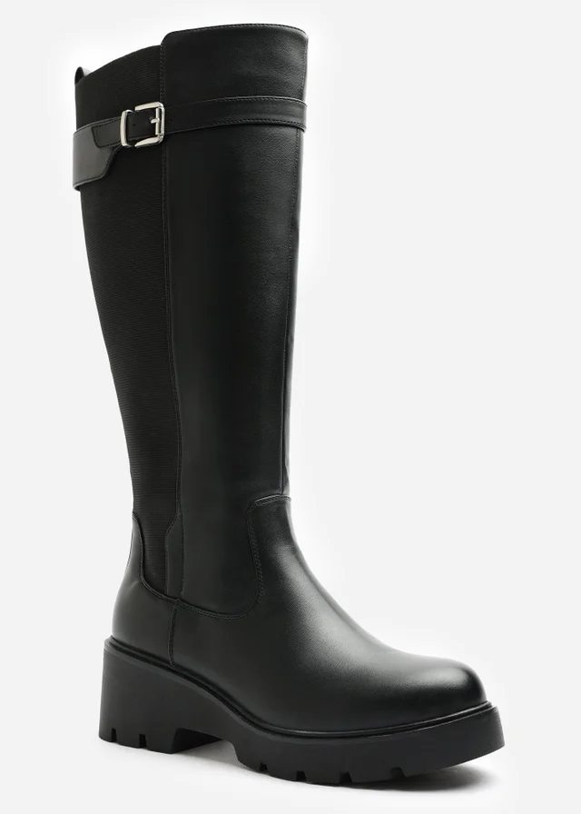 Where's That From Erelia Black Wide Fit Stretch Panel Buckle Detail Wedge Boots