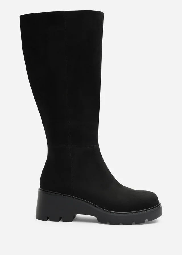 Where's That From Envara Black Wide Fit Knee High Wedge Boot With Stitch Panel Detailing