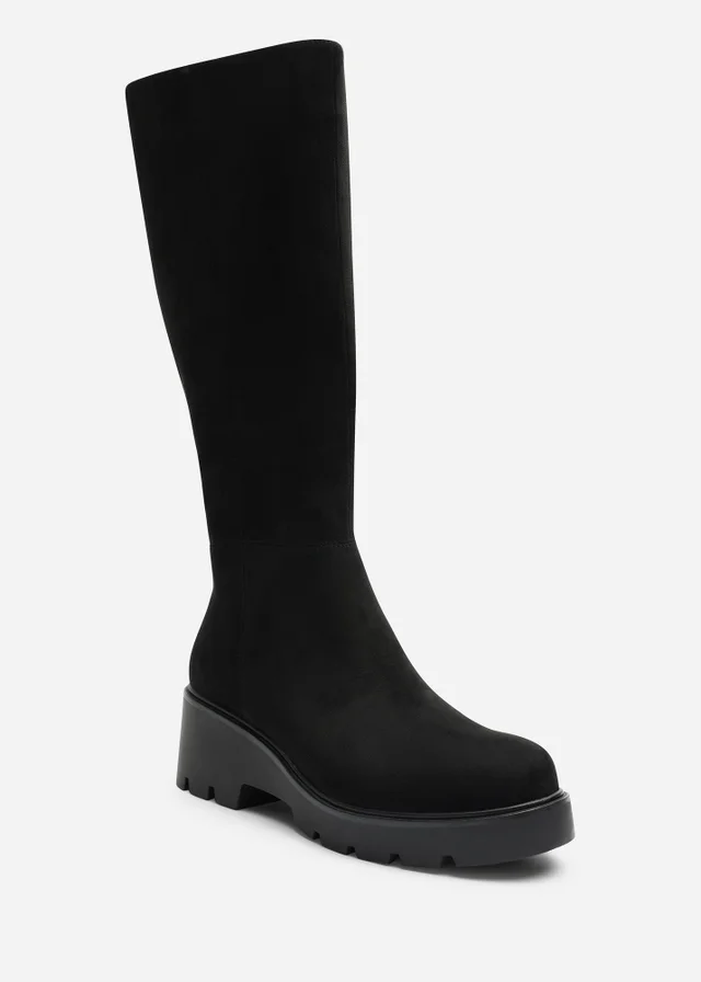 Where's That From Envara Black Wide Fit Knee High Wedge Boot With Stitch Panel Detailing