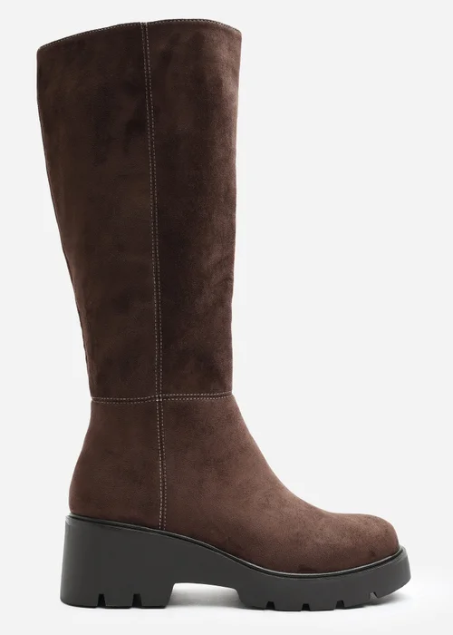 Where's That From Envara Dark Brown Wide Fit Knee High Wedge Boot With Stitch Panel Detailing - 4 Wide Image 1