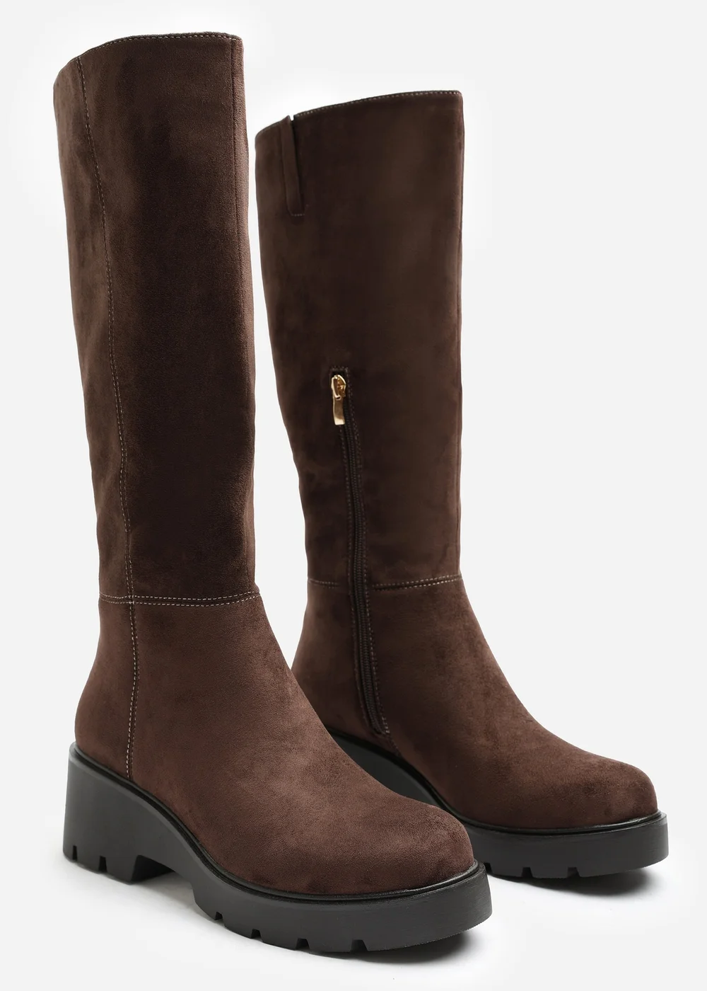 Where's That From Envara Dark Brown Wide Fit Knee High Wedge Boot With Stitch Panel Detailing - 4 Wide Image 3