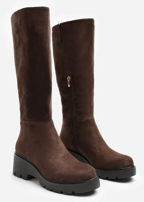Where's That From Envara Dark Brown Wide Fit Knee High Wedge Boot With Stitch Panel Detailing - 4 Wide Image 3