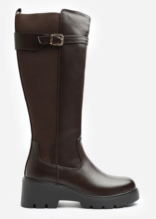 Where's That From Erelia Brown Stretch Panel Buckle Detail Wedge Boots - 7 Image 1