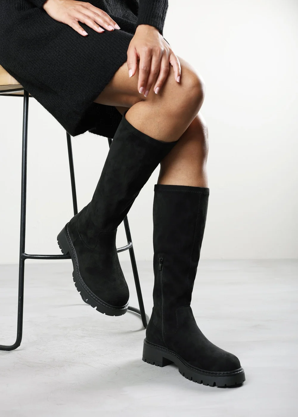 Where's That From Elvane Black Faux Suede Stretch Chunky Knee High Sock Boot - 5 Image 6