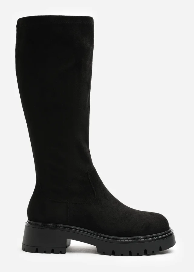 Where's That From Elvane Black Faux Suede Stretch Chunky Knee High Sock Boot