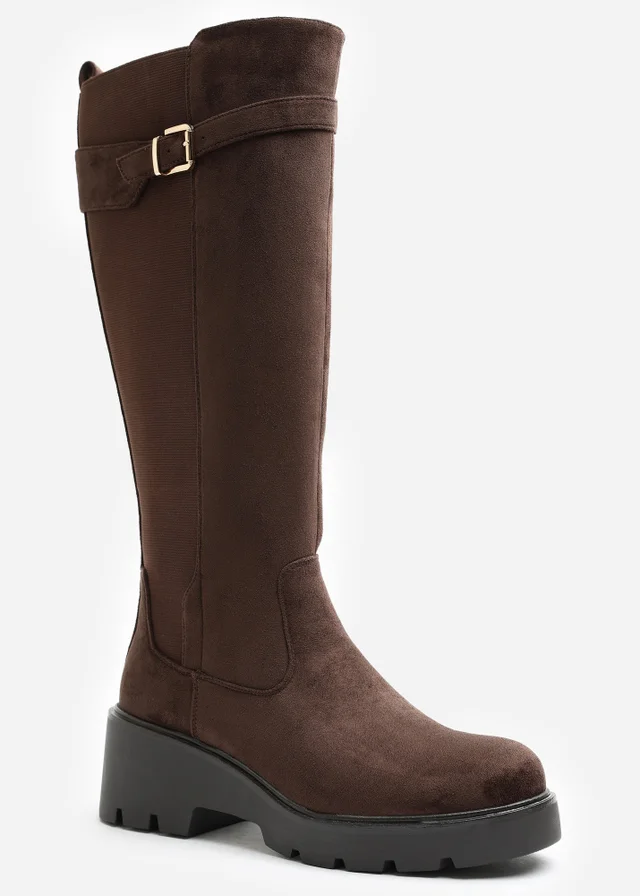 Where's That From Erelia Dark Brown Stretch Panel Buckle Detail Wedge Boots