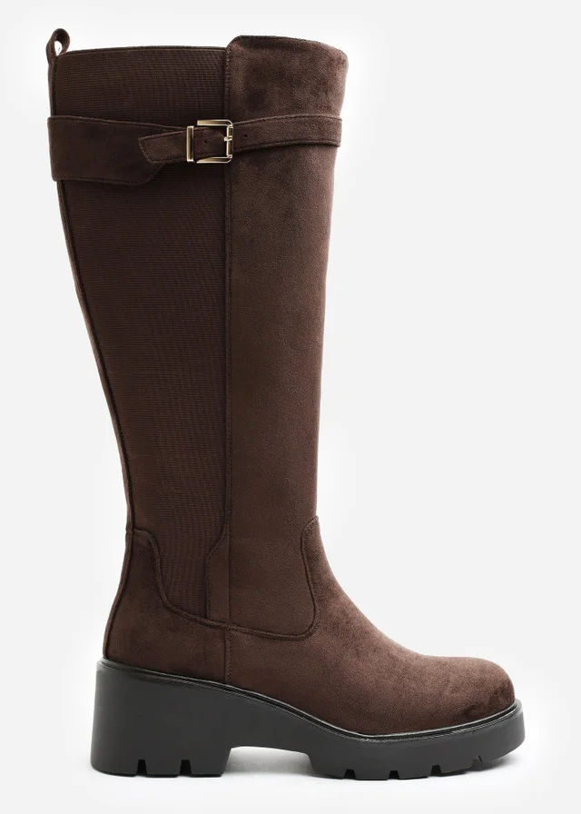 Where's That From Erelia Dark Brown Stretch Panel Buckle Detail Wedge Boots