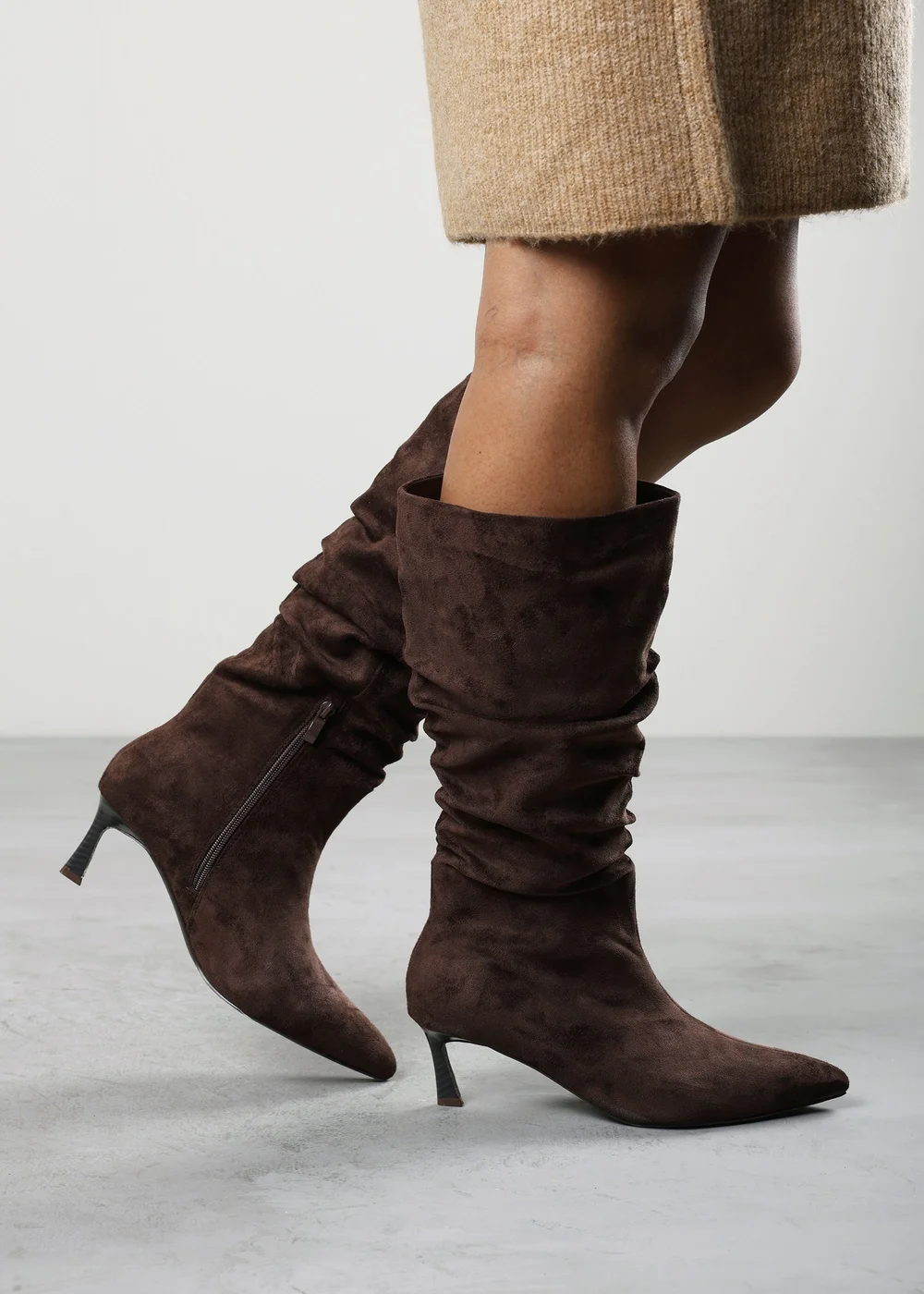 Where's That From Kivora Dark Brown Faux Suede Ruched Knee High Pointed Stiletto Boot - 6 Image 6