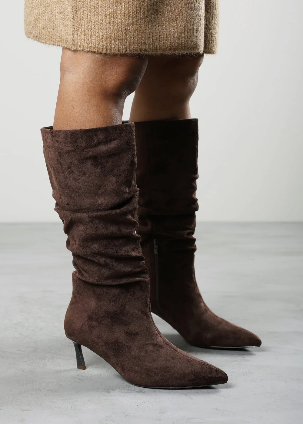 Where's That From Kivora Dark Brown Faux Suede Ruched Knee High Pointed Stiletto Boot - 6 Image 2