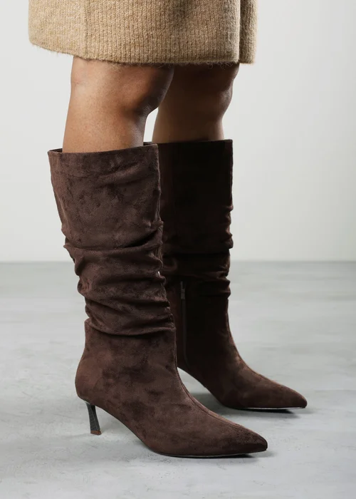 Where's That From Kivora Dark Brown Faux Suede Ruched Knee High Pointed Stiletto Boot - 6 Image 2