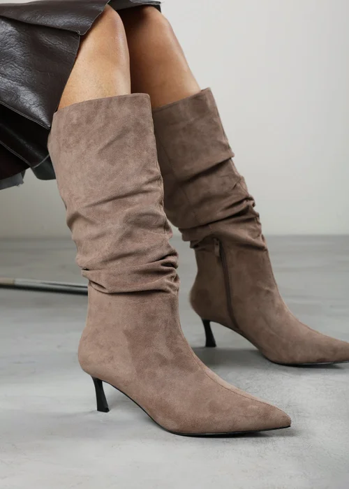 Where's That From Kivora Taupe Faux Suede Ruched Knee High Pointed Stiletto Boot - 7 Image 6