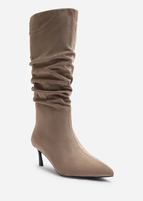 Where's That From Kivora Taupe Faux Suede Ruched Knee High Pointed Stiletto Boot - 7 Image 3