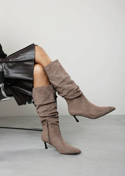 Where's That From Kivora Taupe Faux Suede Ruched Knee High Pointed Stiletto Boot - 7 Image 2