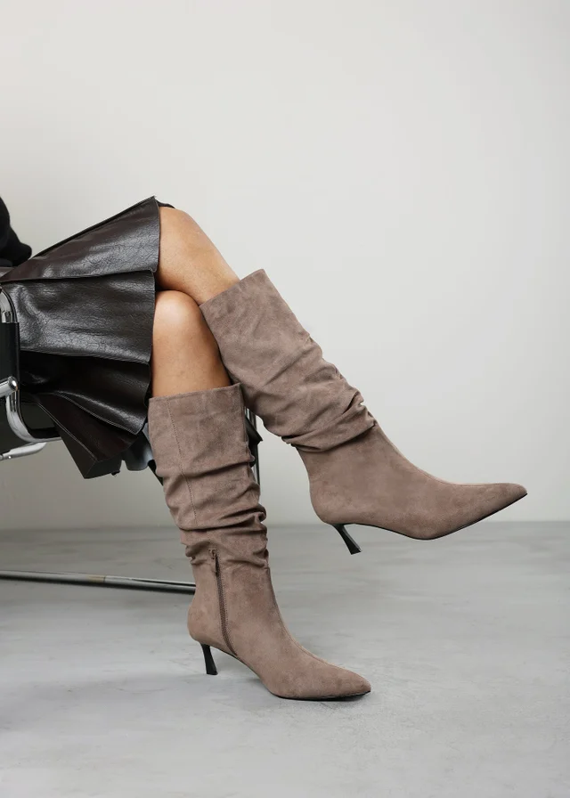 Where's That From Kivora Taupe Faux Suede Ruched Knee High Pointed Stiletto Boot