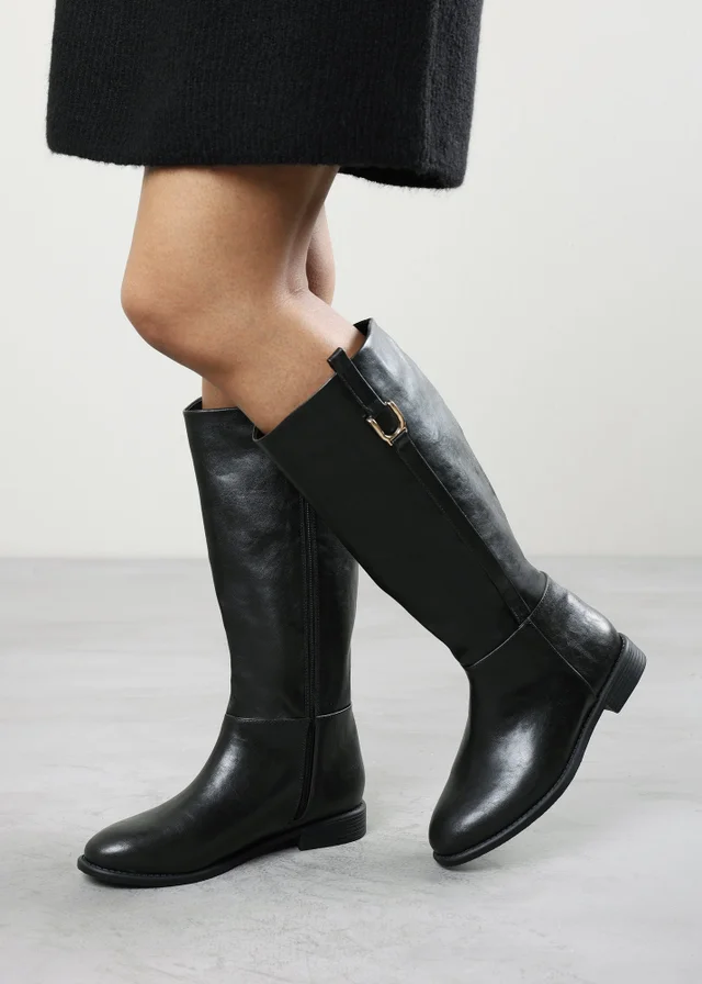 Where's That From Karella Black Faux Leather Knee High Riding Boot with Hardware Detail