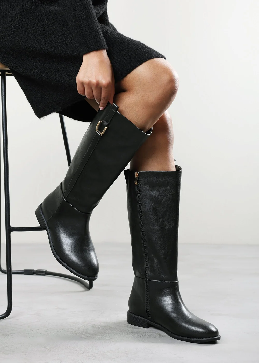 Where's That From Karella Black Faux Leather Knee High Riding Boot with Hardware Detail - 7 Image 2