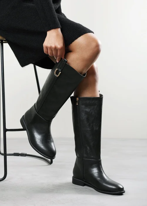 Where's That From Karella Black Faux Leather Knee High Riding Boot with Hardware Detail - 7 Image 2