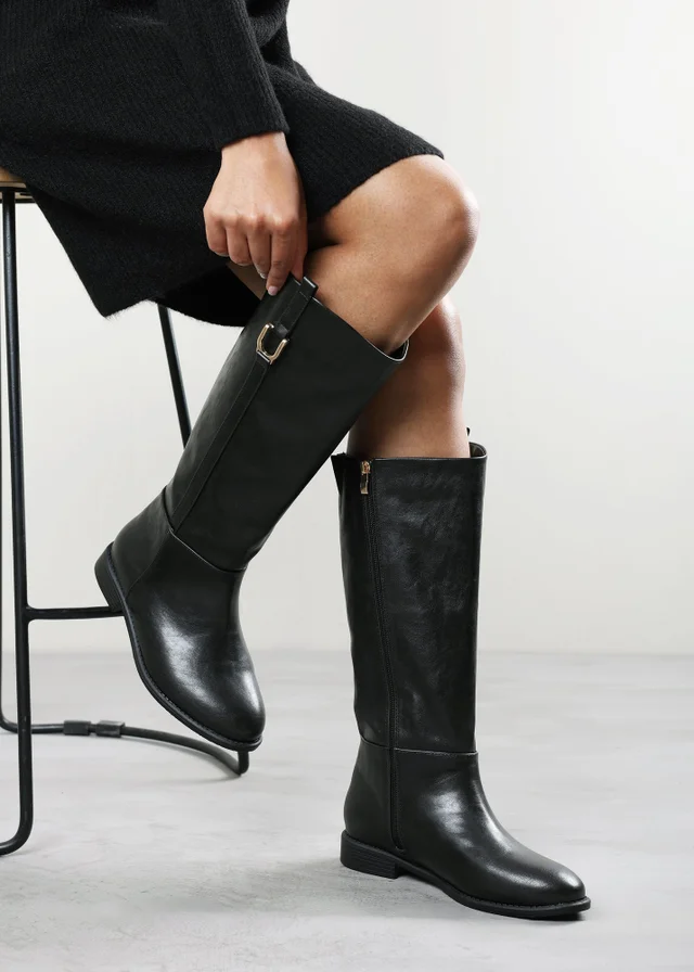 Where's That From Karella Black Faux Leather Knee High Riding Boot with Hardware Detail