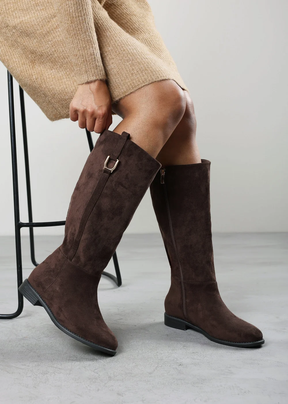 Where's That From Karella Dark Brown Faux Leather Knee High Riding Boot with Hardware Detail - 8 Image 5